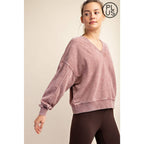 PLUS SIZE MINERAL WASHED FRENCH TERRY V-NECK PULLOVER Rae Mode