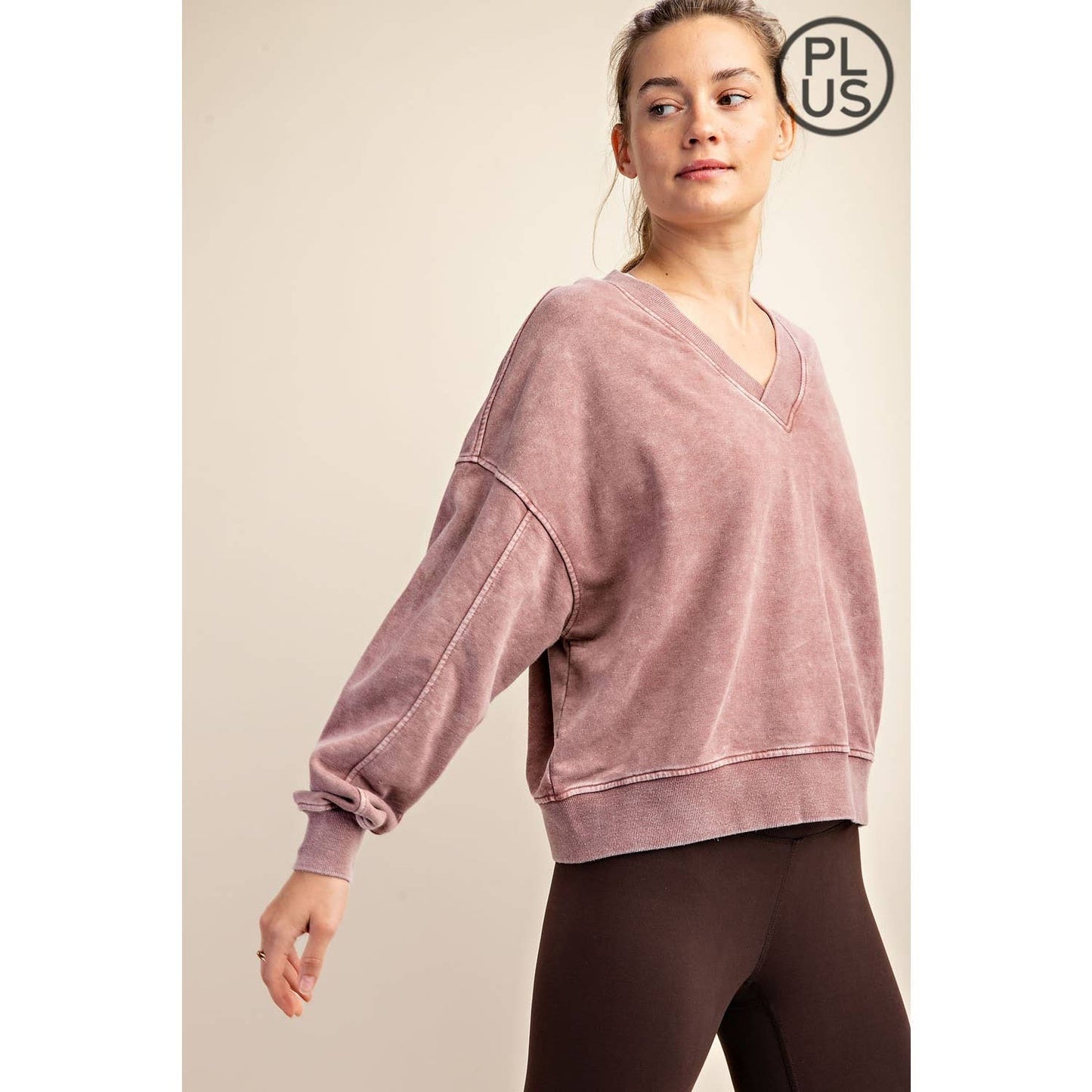 PLUS SIZE MINERAL WASHED FRENCH TERRY V-NECK PULLOVER Rae Mode