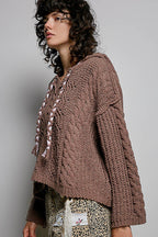 Pol Clothing - Oversize Fit V-neck Hooded Cable Knit Chenille Sweater SALE