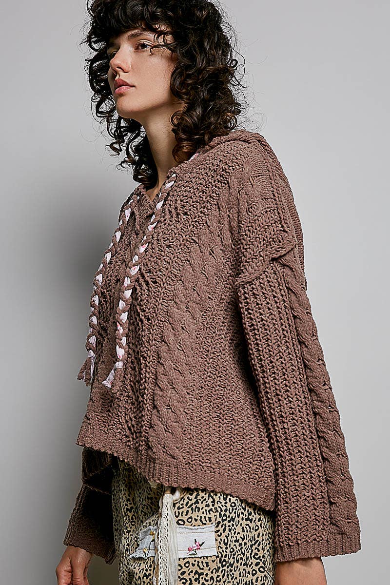 Pol Clothing - Oversize Fit V-neck Hooded Cable Knit Chenille Sweater SALE