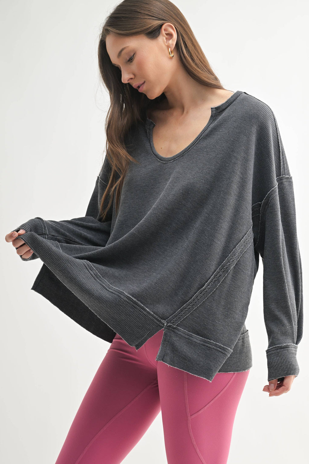 Cotton Blend Waffle Knit Oversized Long Sleeve