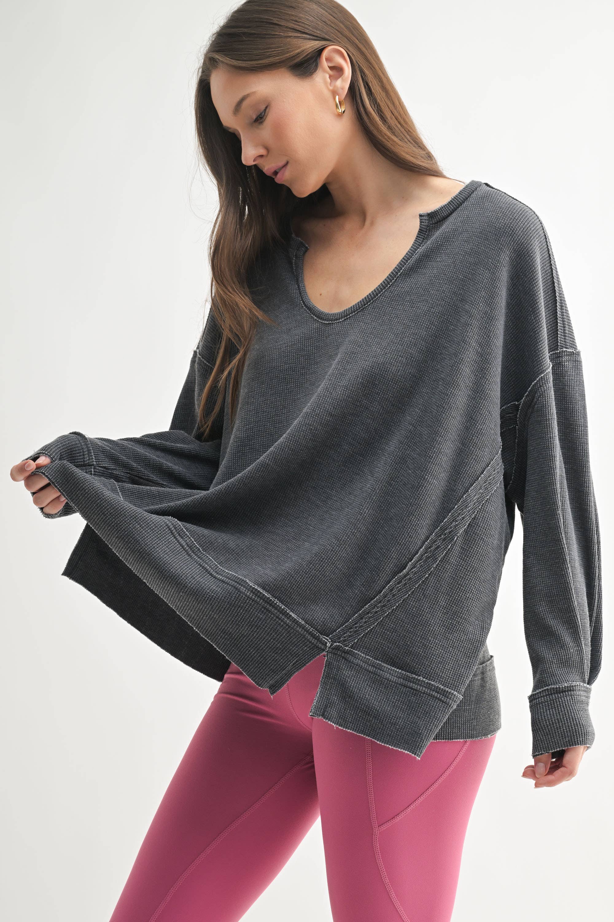 Cotton Blend Waffle Knit Oversized Long Sleeve