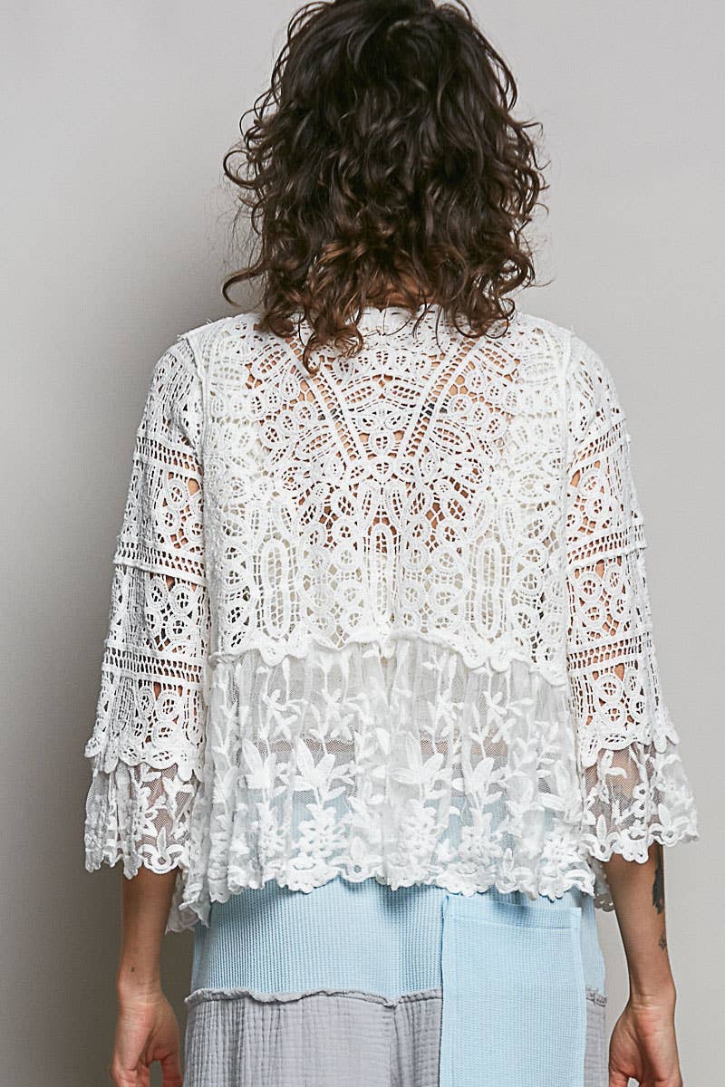 Pol Clothing - V-neck Short Sleeve Crochet Floral Lace Cardigan