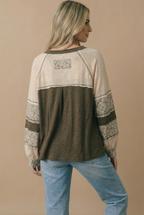 Round Neck Floral Color Block Cotton Slub Top-Haptics