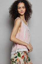 Pol Clothing - Metal Button Down Lace Trim Ruffle Round Neck Sleeveless