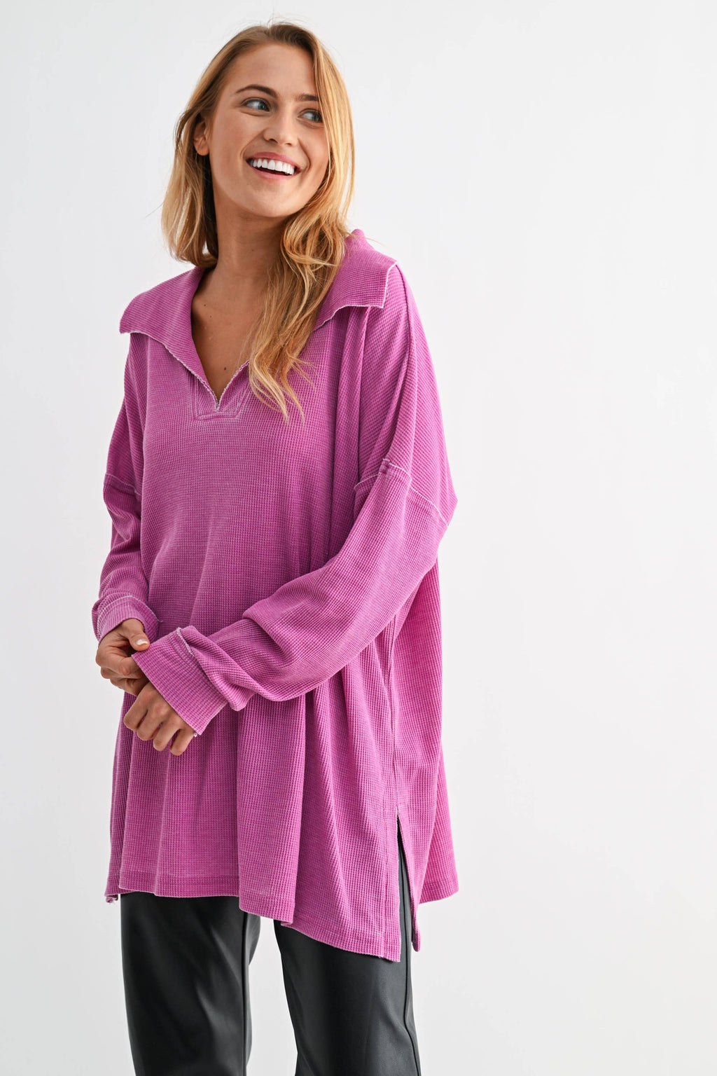 Cotton Blend Waffle Knit Oversized Collared Long Sleeve