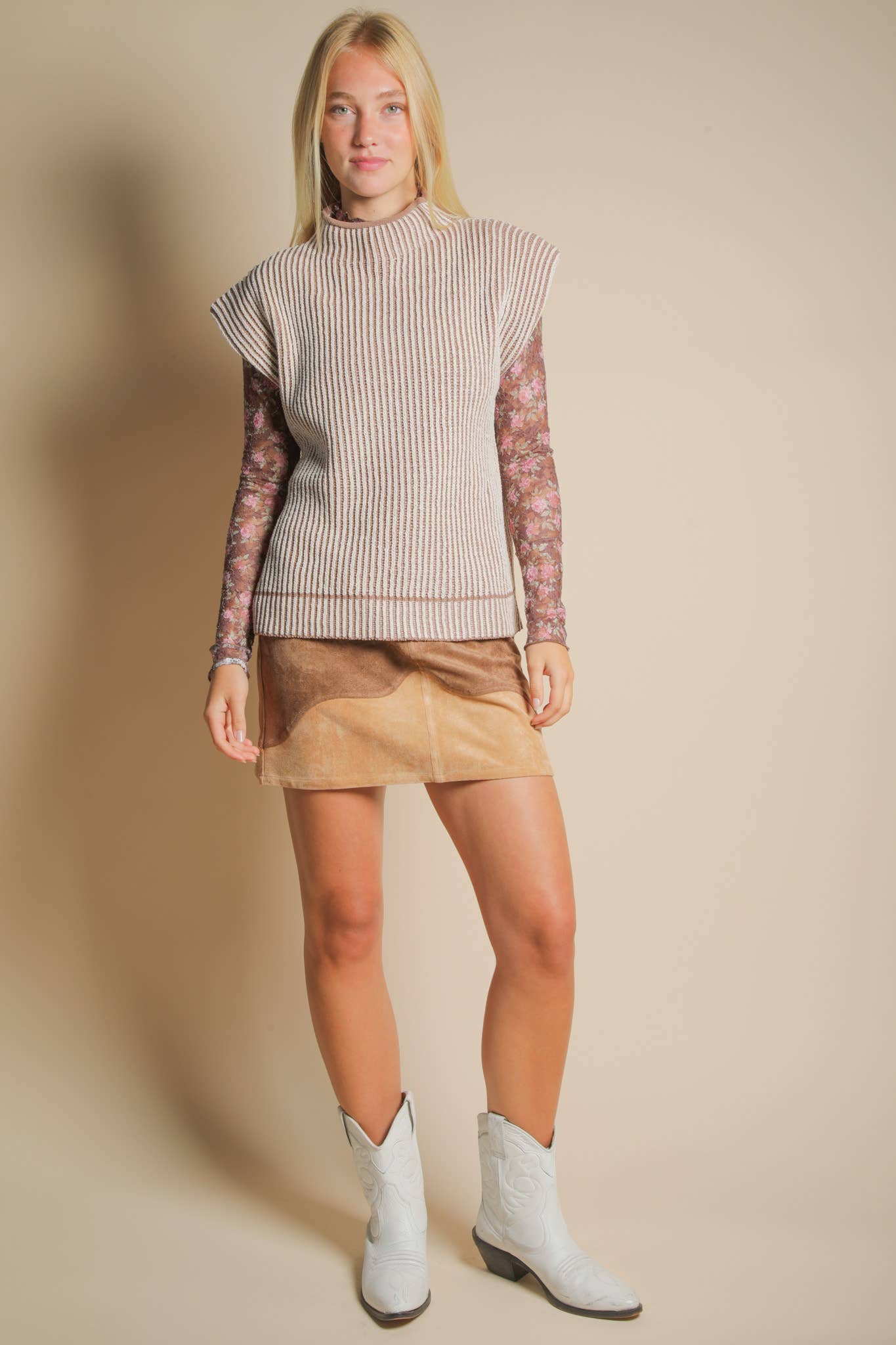 Two Tone Ribbed Knit Sweater Vest