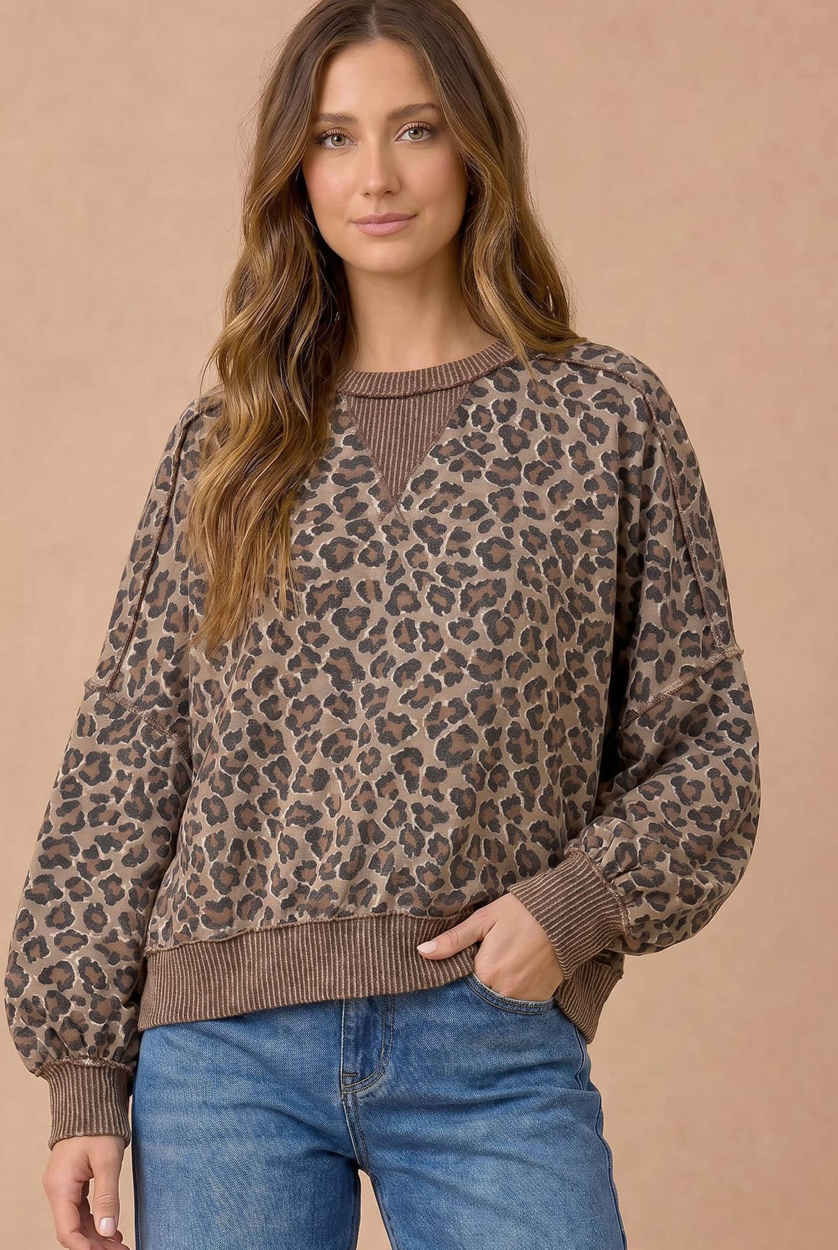 Haptics - Plus Leopard Print Wave Rib Banded Hem Pullover