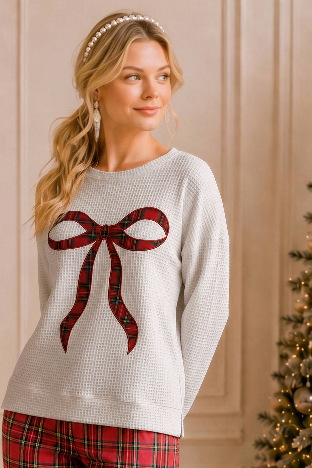 Main Strip - Holiday Plaid Bow Waffle Knit Pullover Top