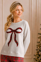 Main Strip - Holiday Plaid Bow Waffle Knit Pullover Top