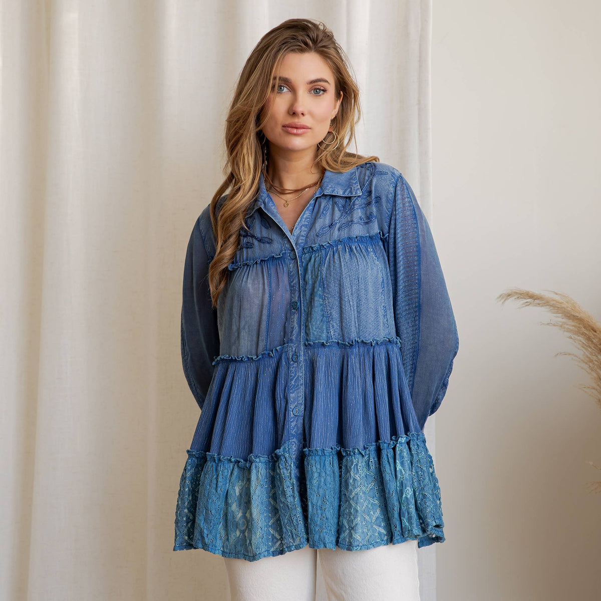 Young Threads - Mineral Wash Tiered Button-Down Blouse with Floral Details