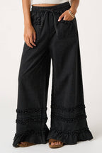RUFFLE TRIM POCKET MINERAL WASH WIDE LEG PANTS