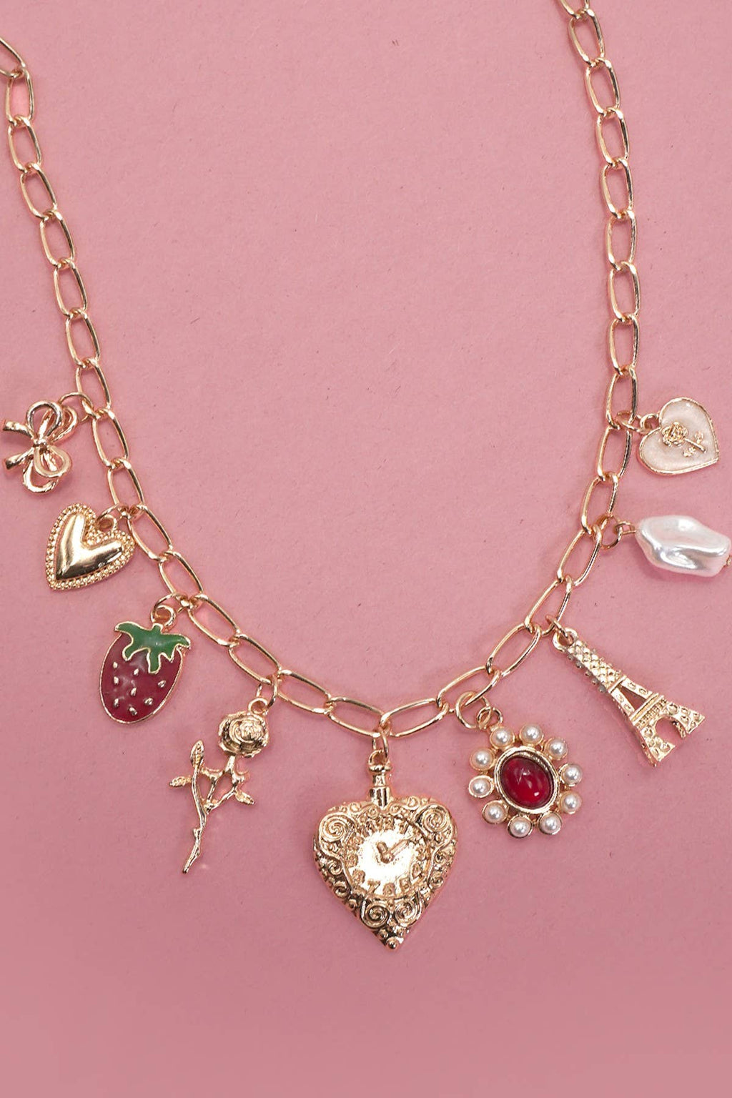 CHARM NECKLACE-HEART BOW ROSE STRAWBERRY EIFFEL TOWER
