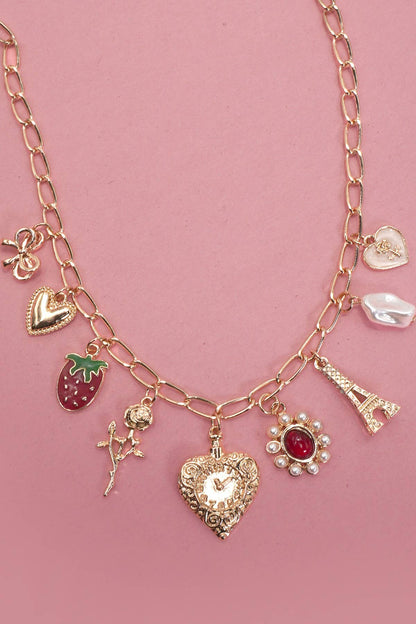 CHARM NECKLACE-HEART BOW ROSE STRAWBERRY EIFFEL TOWER