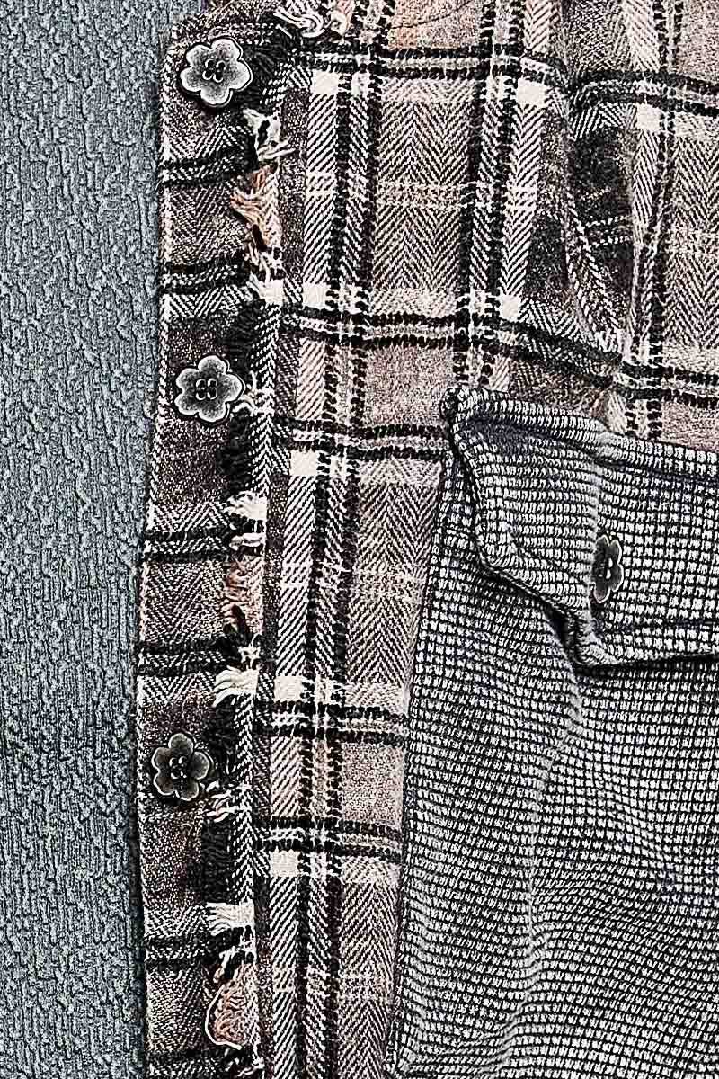 Pol Clothing - Plaid Woven Thermal Patch Floral Patchwork Hoodie Top