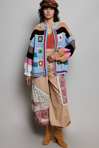 Pol Clothing - Handmade Patchwork Striped Chenille Sweater Open Cardigan