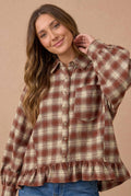 Haptics - Button Down Check Plaid Babydoll Peplum Shirt