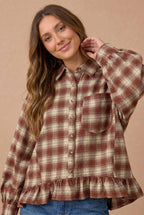 Haptics - Button Down Check Plaid Babydoll Peplum Shirt