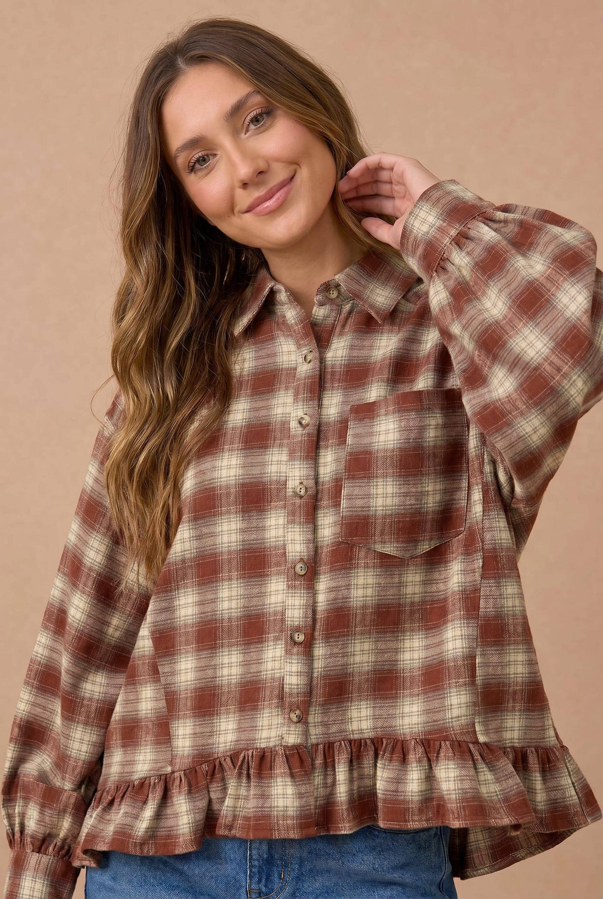 Haptics - Button Down Check Plaid Babydoll Peplum Shirt