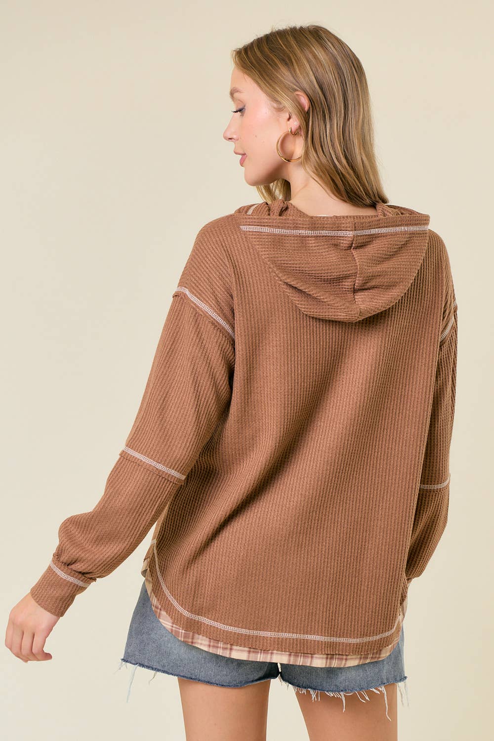 Soft WAFFLE KNIT PLAID STRAP HOODED SWEATSHIRT