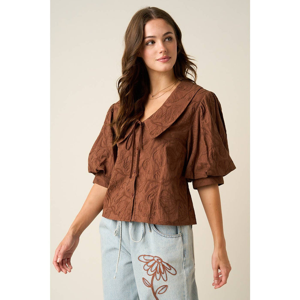mittoshop - EMBROIDERED PETER PAN COLLAR PUFF SLEEVE BLOUSE