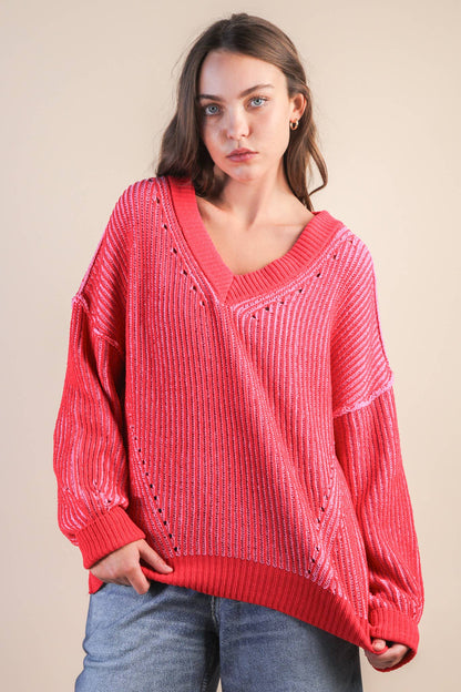 Oversized Two Tone Knit Casual Sweater Top