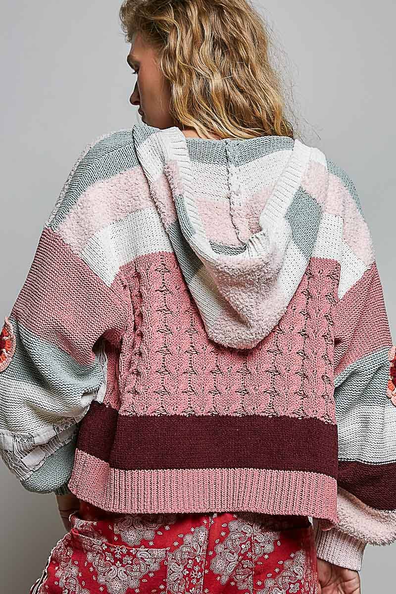 Pol Clothing - Mixed-Texture Patchwork Chenille Knit Crochet Cardigan