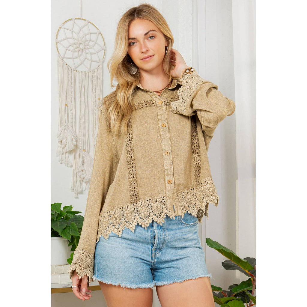 Artisan Boho Lace Trim Button-Front Blouse Top (NEW COLOR)