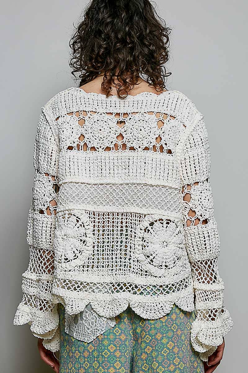 Pol Clothing - Textured Stitch Scalloped Trim Crochet Knit Sweater Top