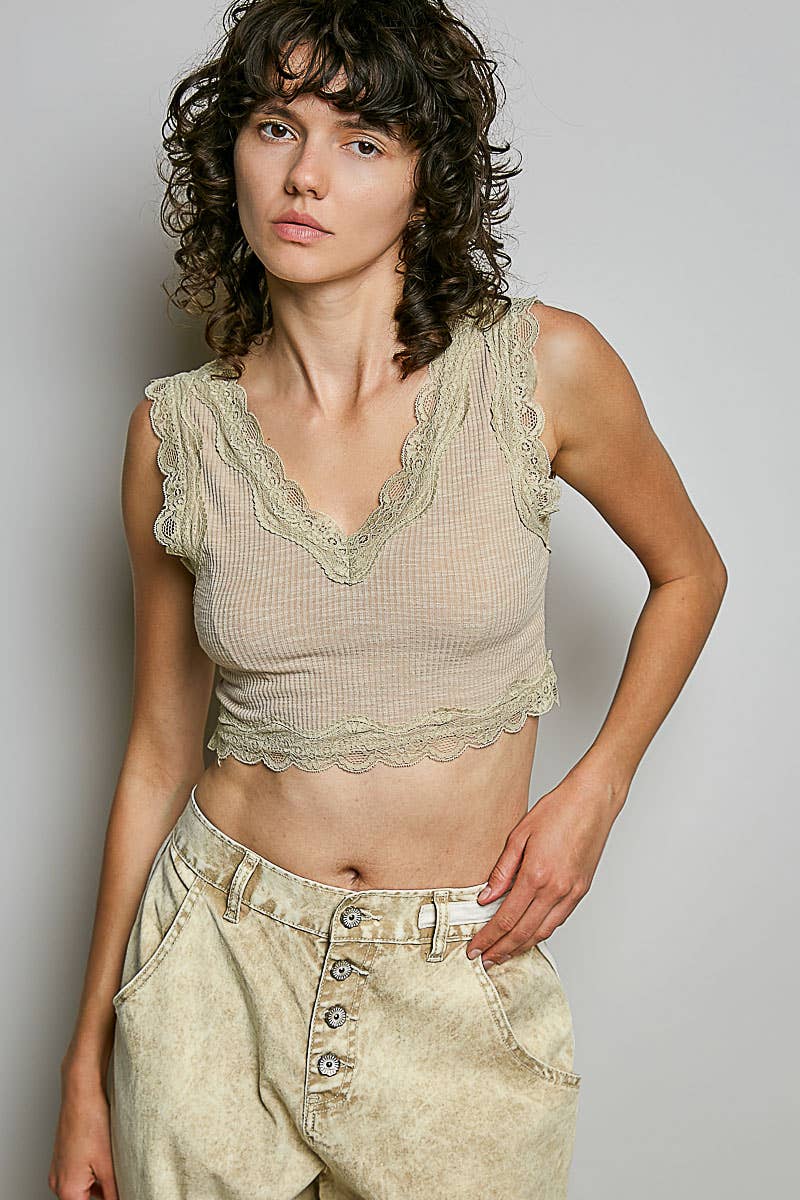 Pol Clothing - Lace Trim Ribbed V Neck Summer Sleeveless Crop Top