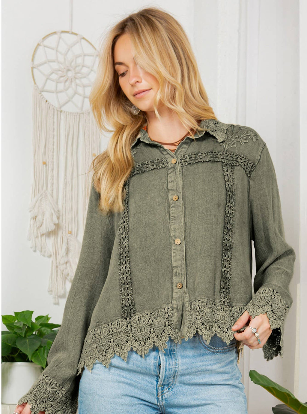 Artisan Boho Lace Trim Button-Front Blouse Top (NEW COLOR)