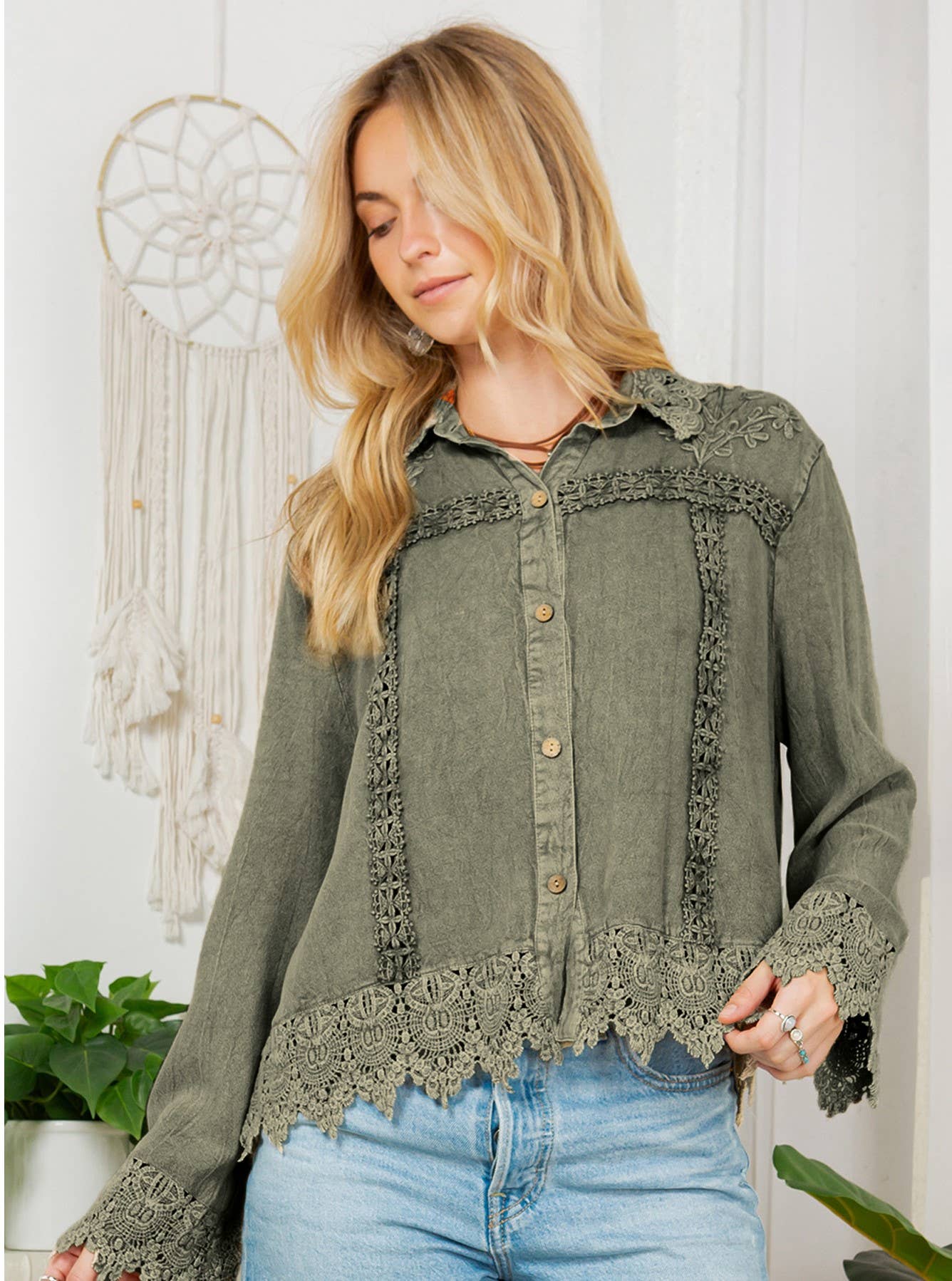 Artisan Boho Lace Trim Button-Front Blouse Top (NEW COLOR)