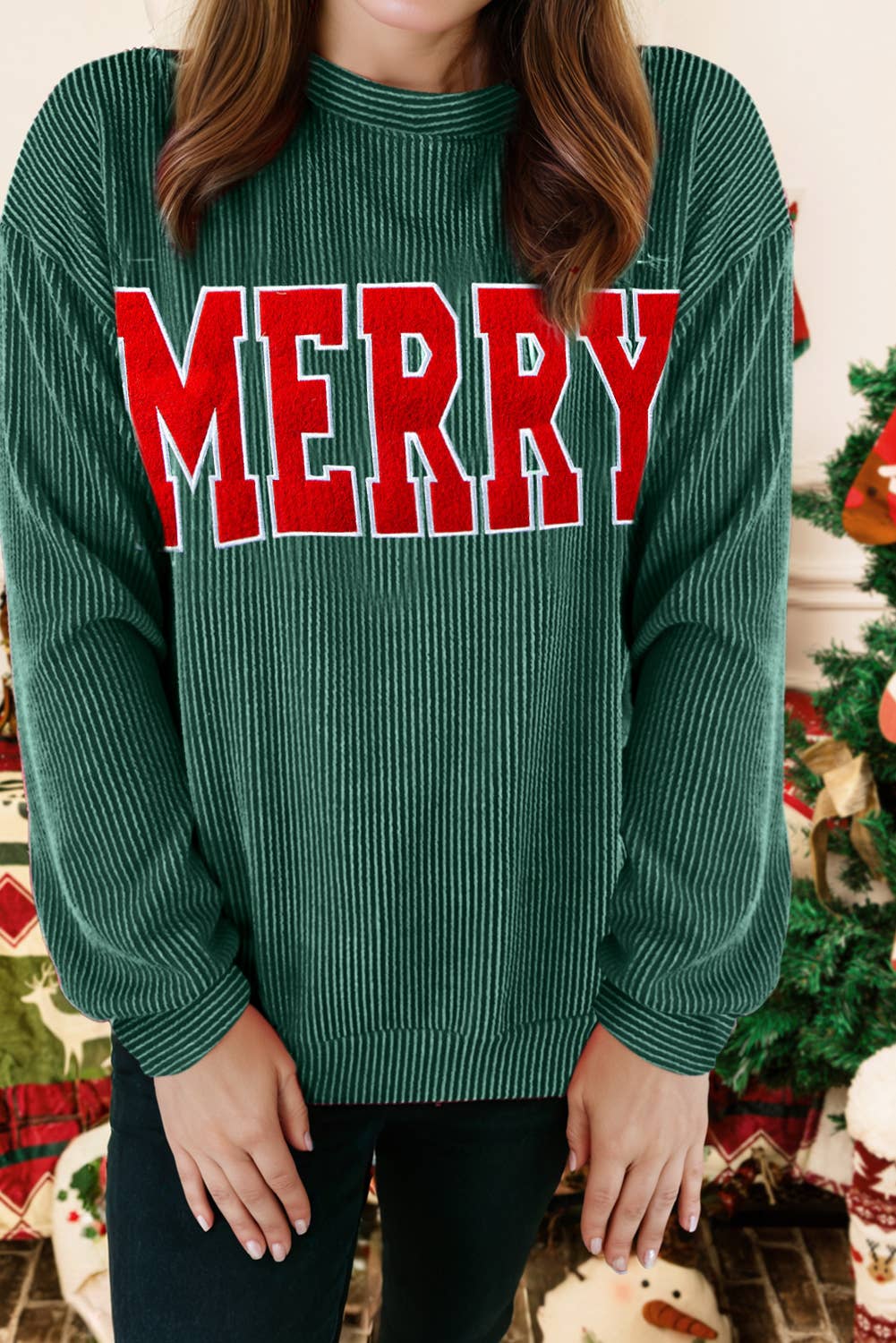 Christmas Twisted Rib Merry Letter Loose Long Sleeve Top