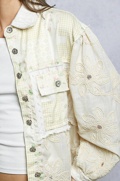 Pol Clothing - Cable Knit Lace Patchwork Woven Long Sleeve Shirt Top