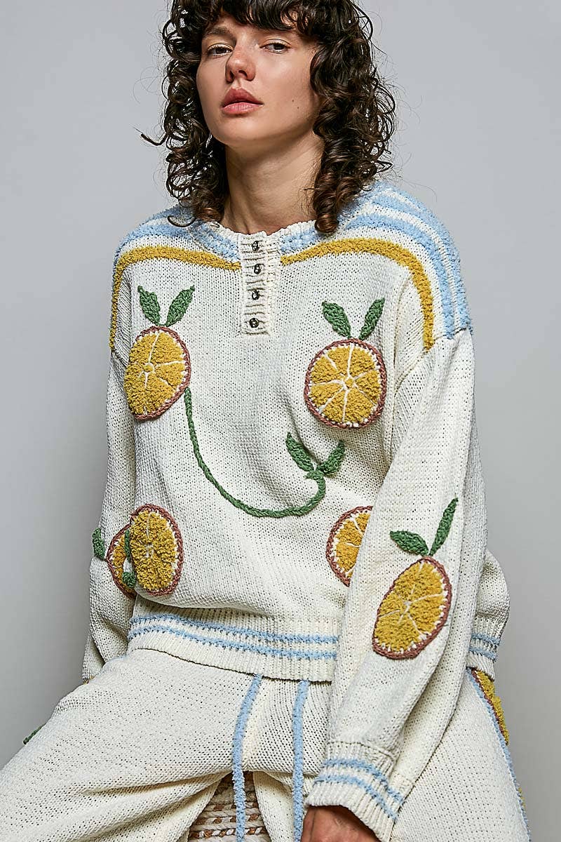 Pol Clothing - 3D Embroidery Long Sleeve Cozy Pullover Berber Sweater