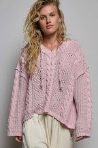 Pol Clothing - Oversize Fit V-neck Hooded Cable Knit Chenille Sweater SALE