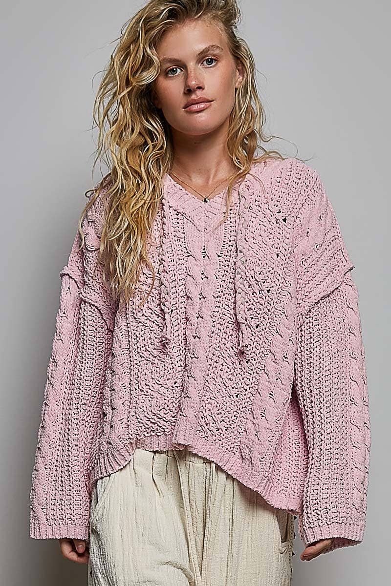 Pol Clothing - Oversize Fit V-neck Hooded Cable Knit Chenille Sweater SALE