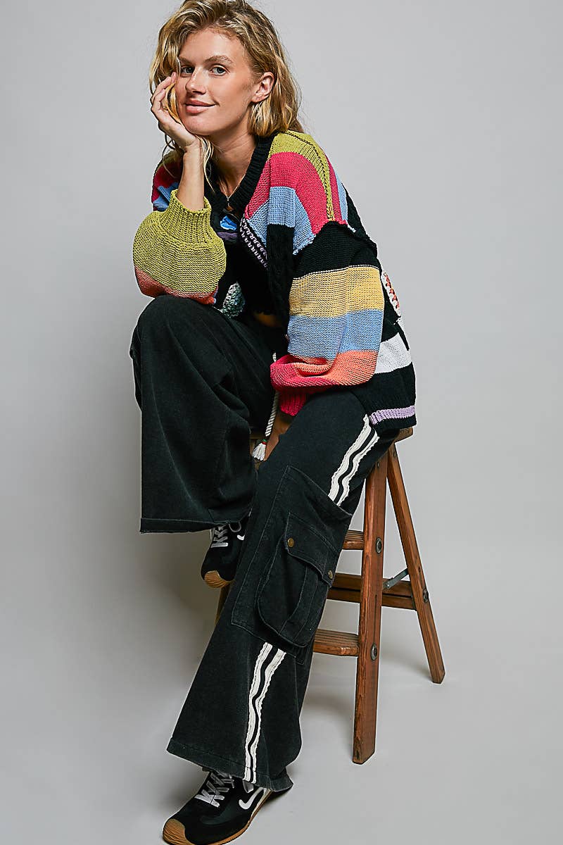 Pol Clothing - Handmade Patchwork Striped Chenille Sweater Open Cardigan