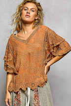 Pol Clothing - V-neck Short Sleeve Crochet Trim Solid Top