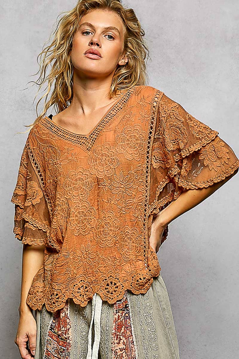 Pol Clothing - V-neck Short Sleeve Crochet Trim Solid Top