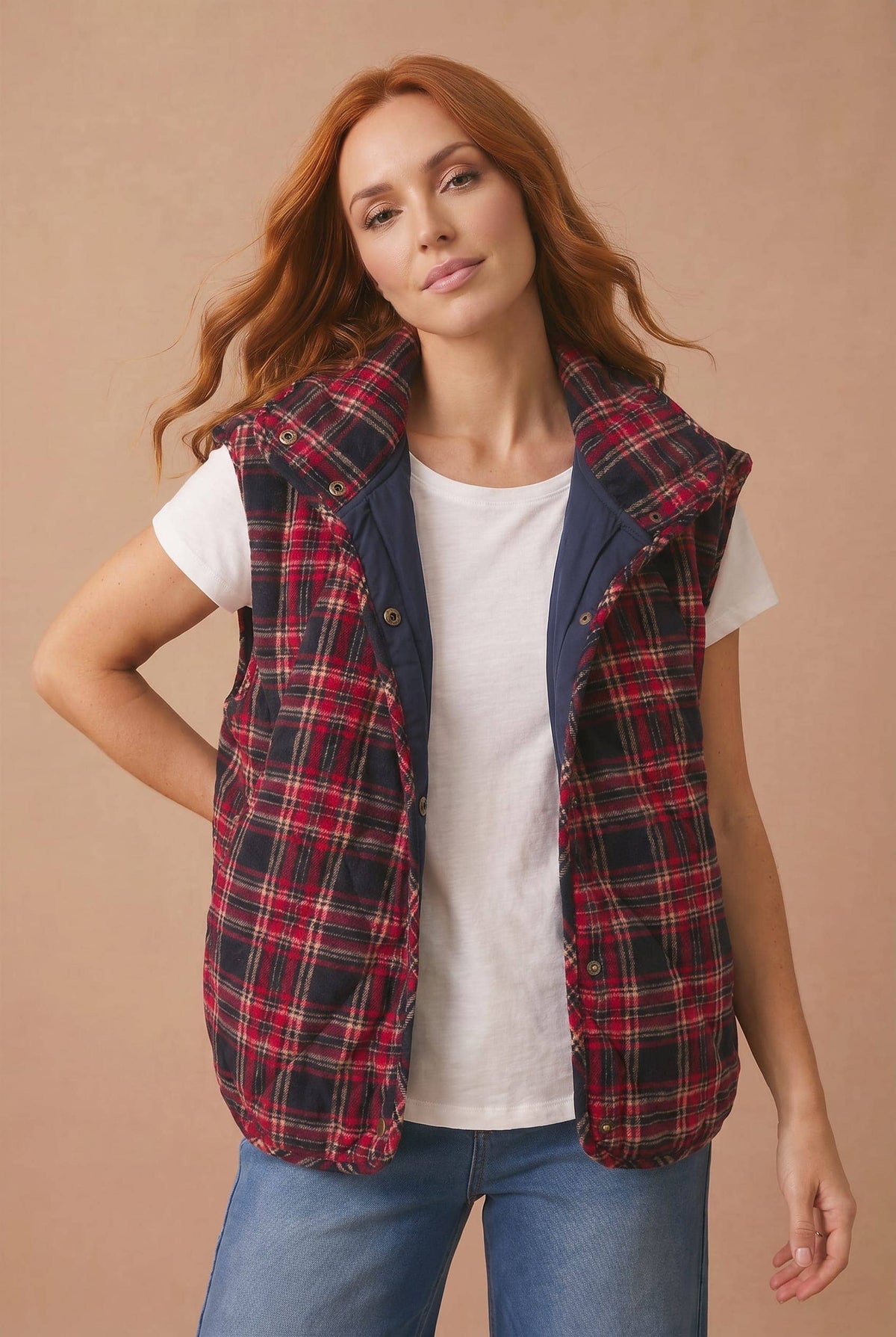 Haptics - High Neck Snap Button Plaid Quilted Vest