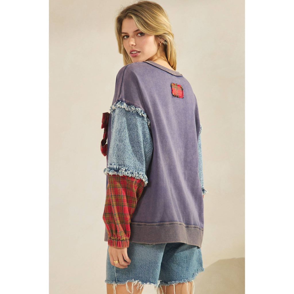 Sage + Fig - PLAID BOW DENIM SLEEVE PULLOVER (ST8117)