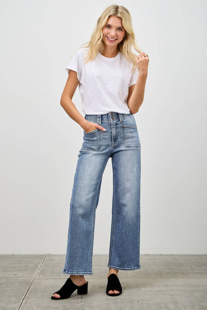HIGH RISE CROP STRAIGHT WITH DOUBLE BUTTON SAIGE DENIM
