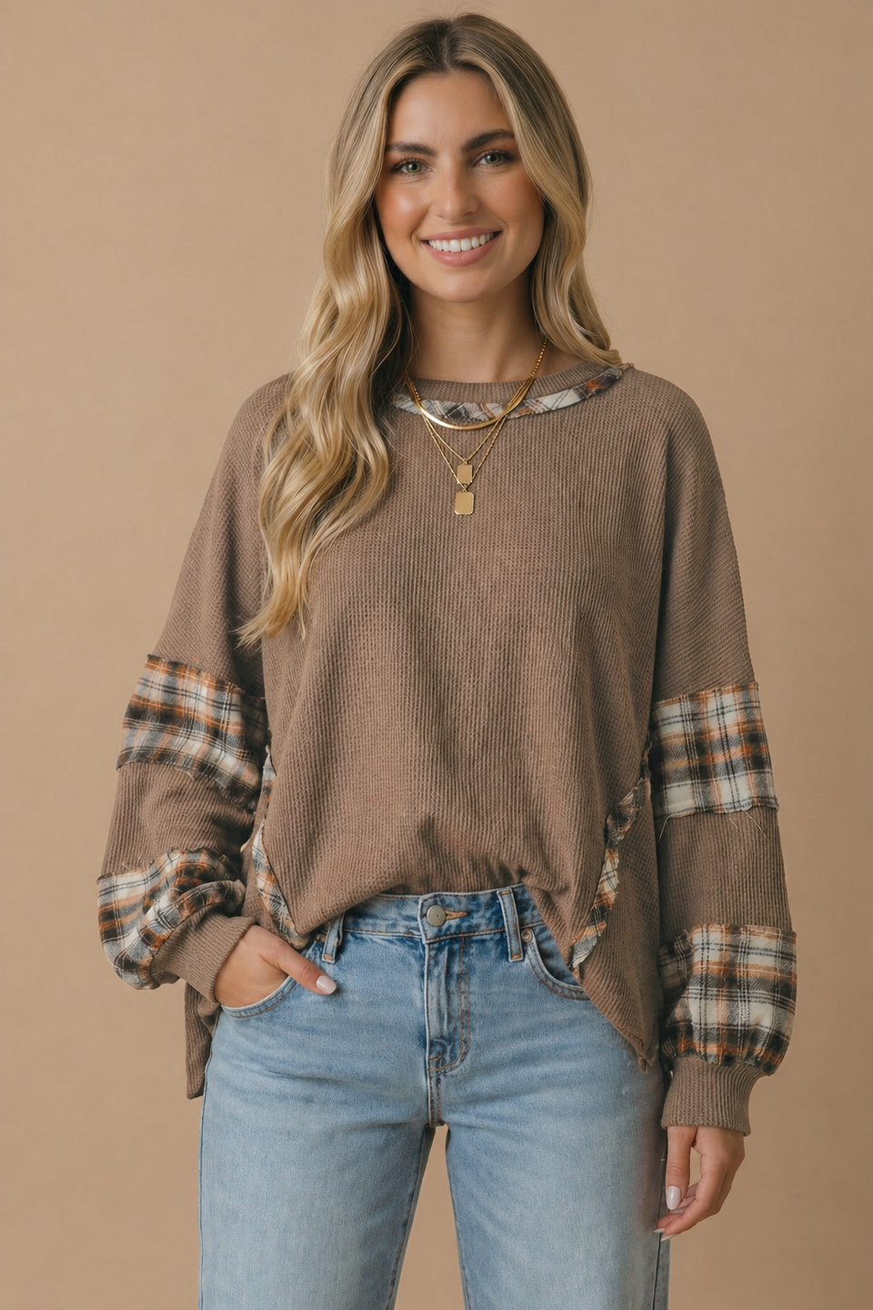Haptics - Oversized Plaid Contrast Thermal Knit Top