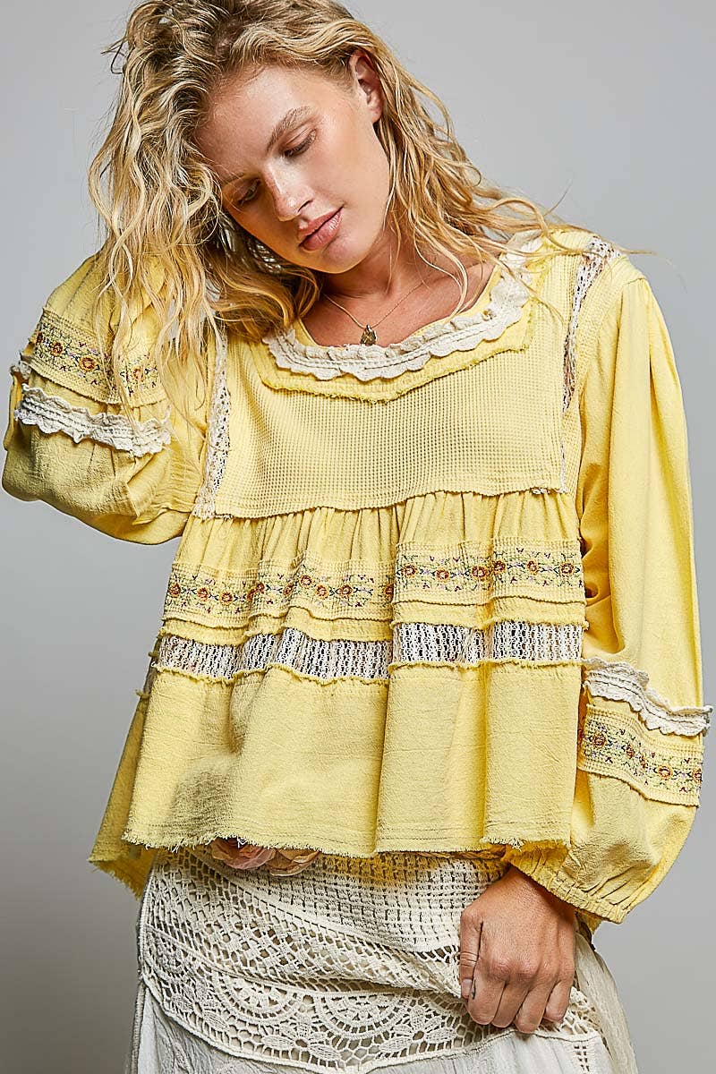 Pol Clothing - Embroidery Lace Contrast Square Neck Long Sleeve top