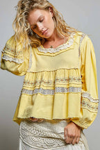Pol Clothing - Embroidery Lace Contrast Square Neck Long Sleeve top