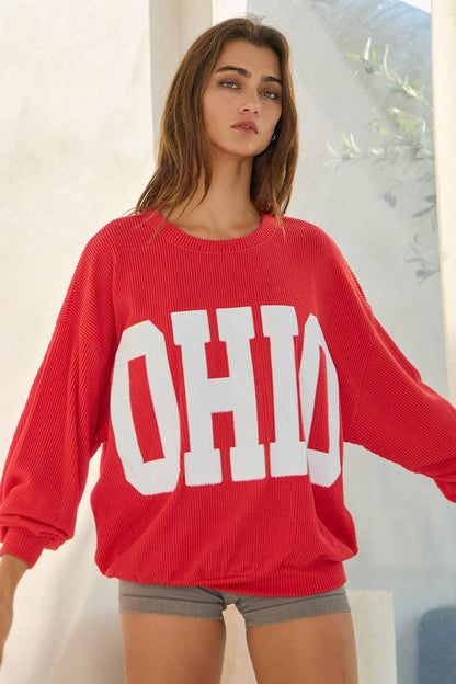 OHIO' Print Ribbed Oversized Graphic Sweatshirt