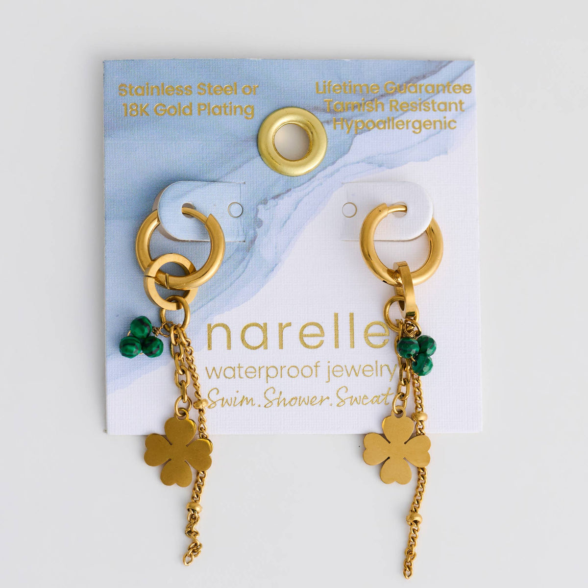 Howard's - Waterproof Earrings Clover Malachite Hoop Narelle Gold