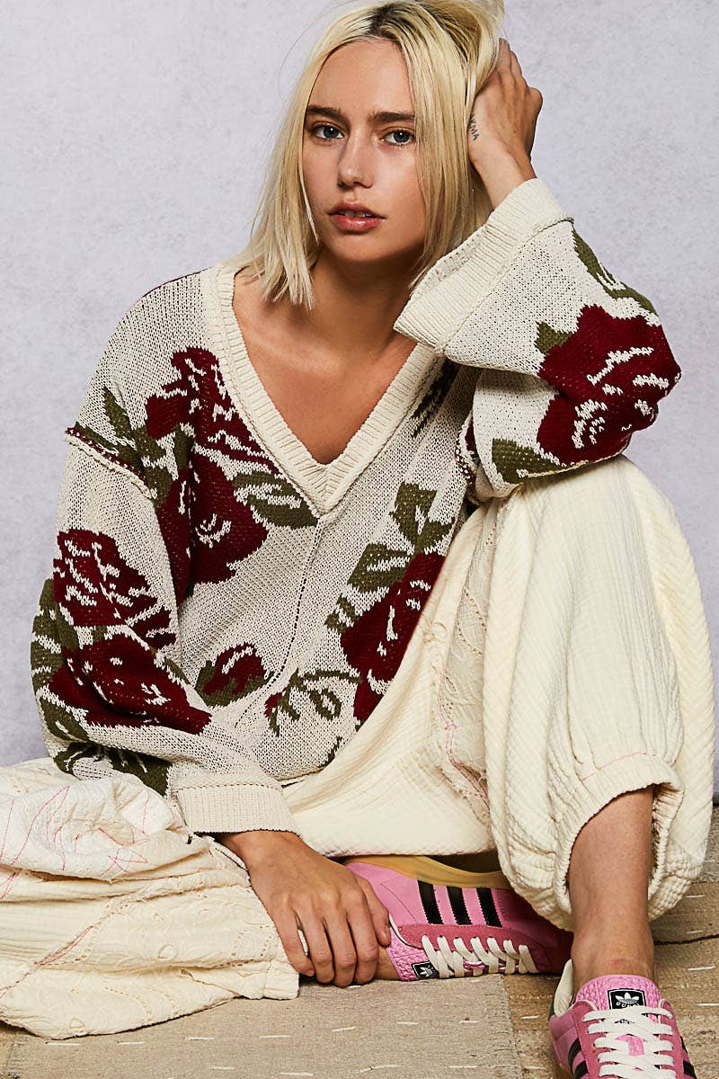 Pol Clothing - Long sleeve contrast floral exposed seam detail sweater top