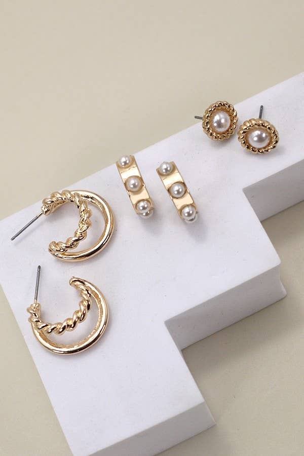GOLD PEARL HOOP STUD TRIO EARRINGS |